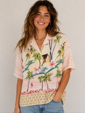 Aloha Hawiian Camp Shirt Button Up Pink Hula Girls Palm Tree Beachy Summer M